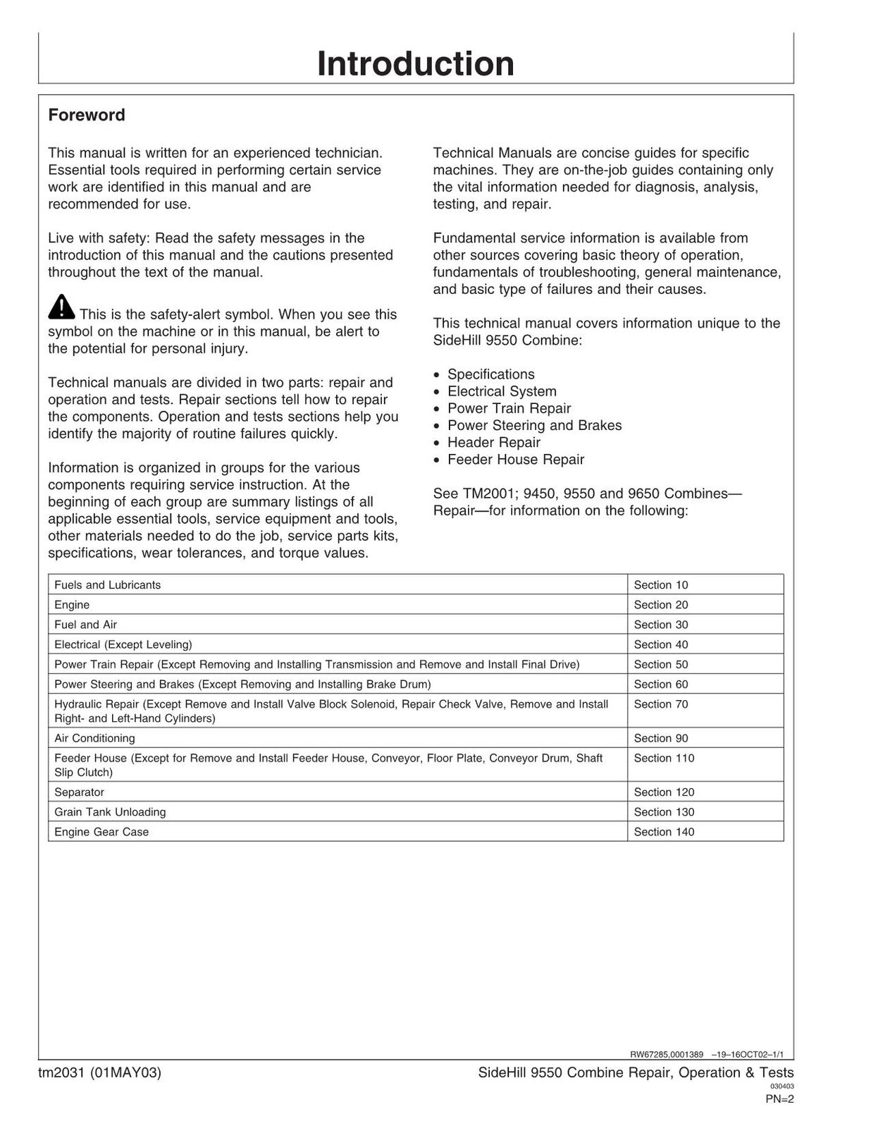 JOHN DEERE 9550  COMBINE DIAGNOSTIC TEST MANUAL #2