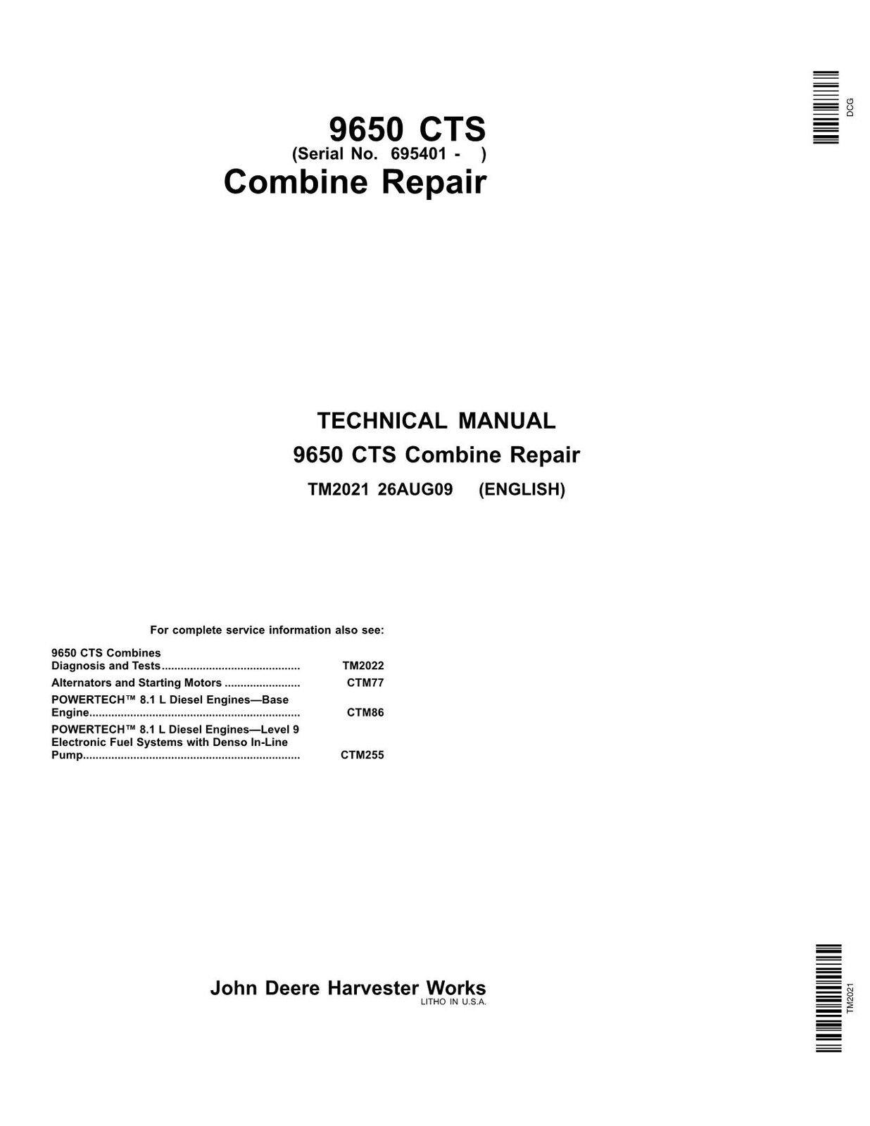 JOHN DEERE 9650 CTS  COMBINE SERVICE MANUAL #3