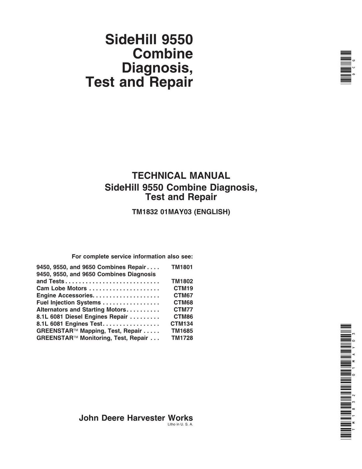 JOHN DEERE 9550  COMBINE SERVICE MANUAL #1