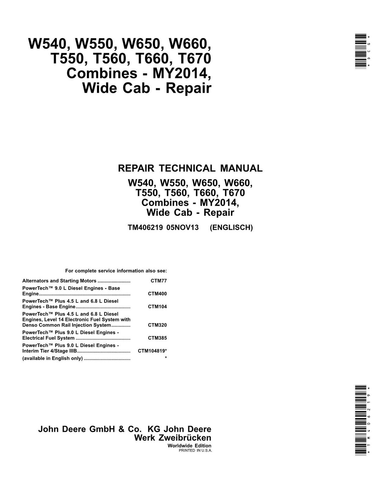 JOHN DEERE W540 W550 W650 W660 T550 T560 T660 COMBINE REPAIR SERVICE MANUAL #3