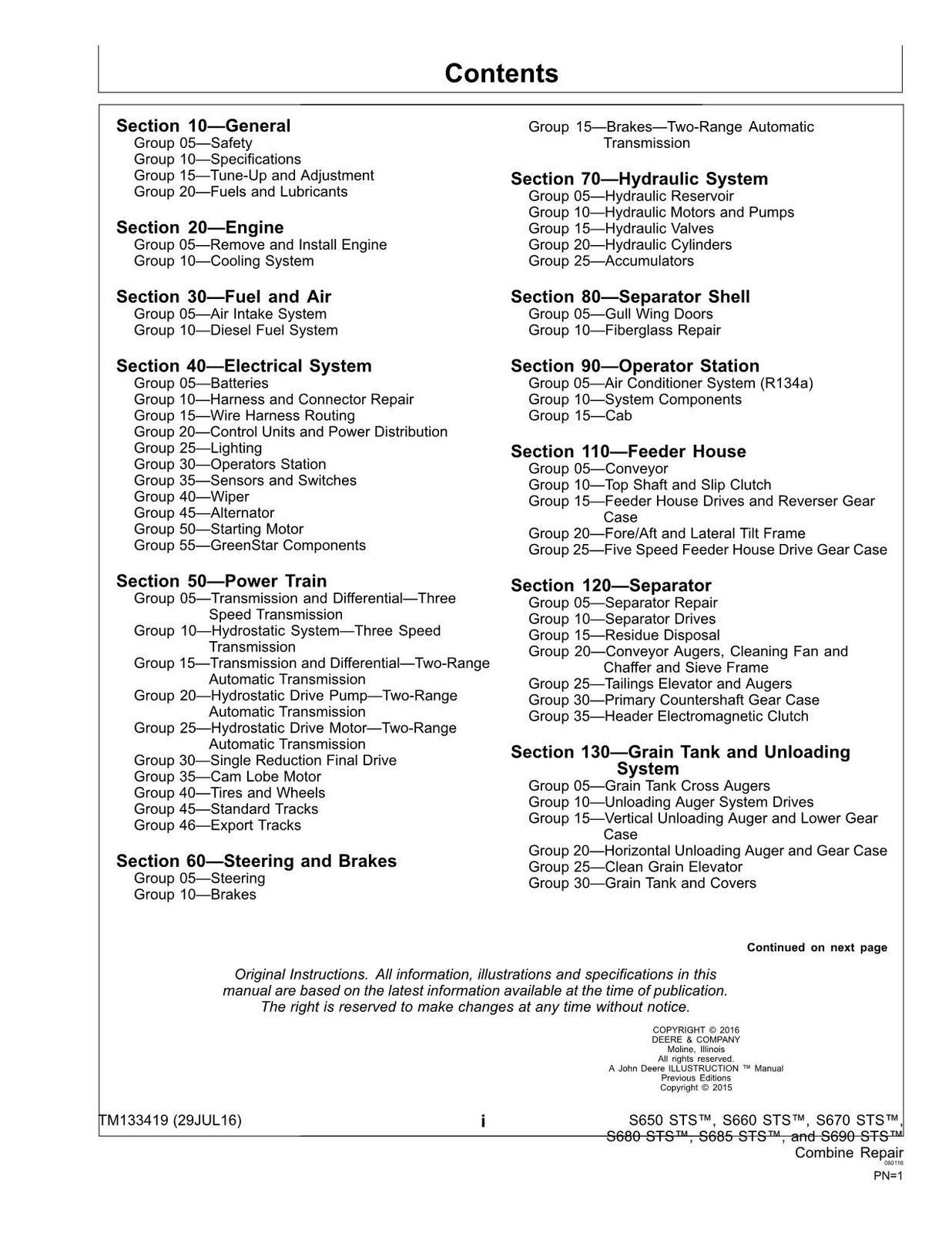 JOHN DEERE S650 STS  S660 STS  S670 STS  S680 STS COMBINE REPAIR SERVICE MANUAL