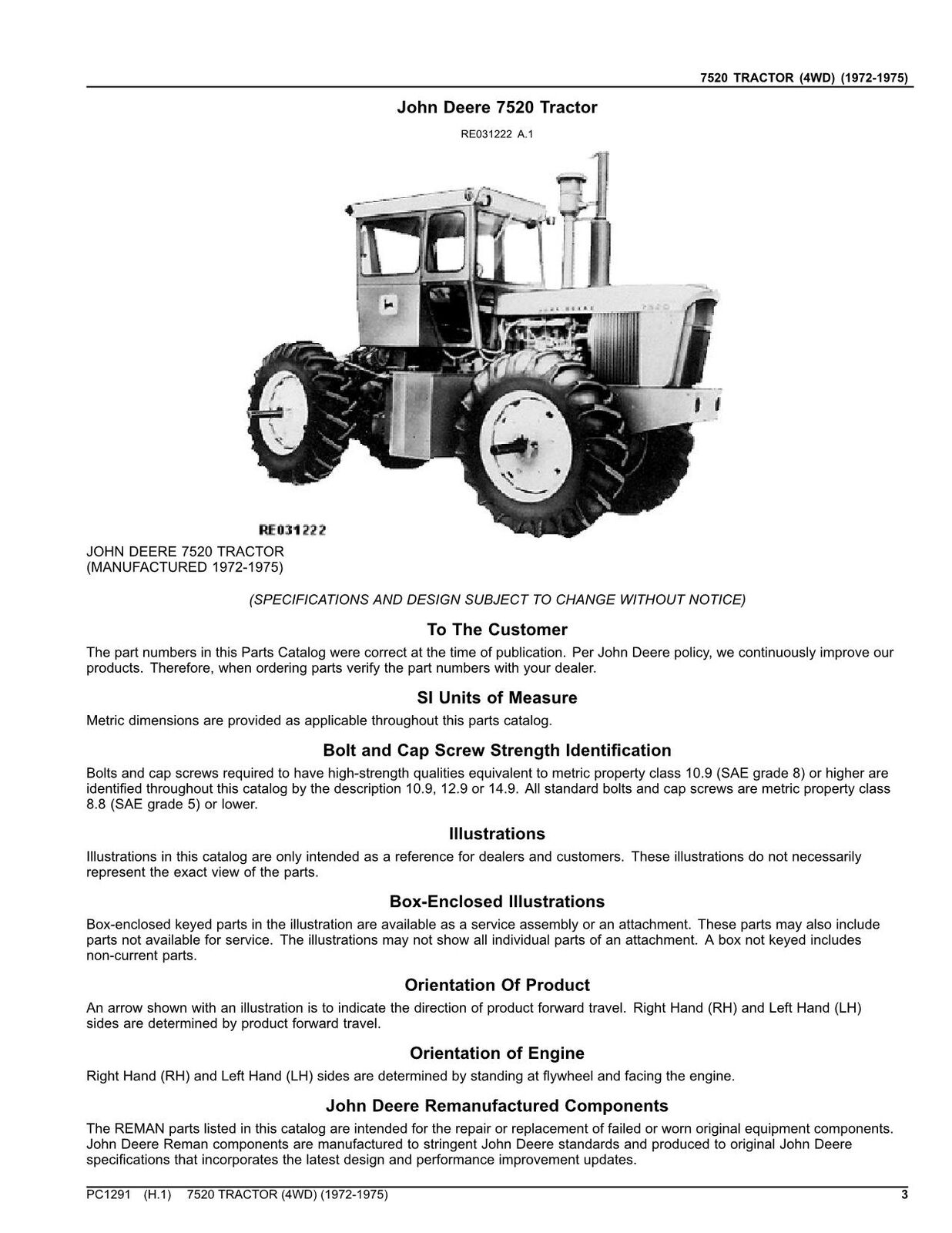 JOHN DEERE 7520 TRACTOR PARTS CATALOG MANUAL