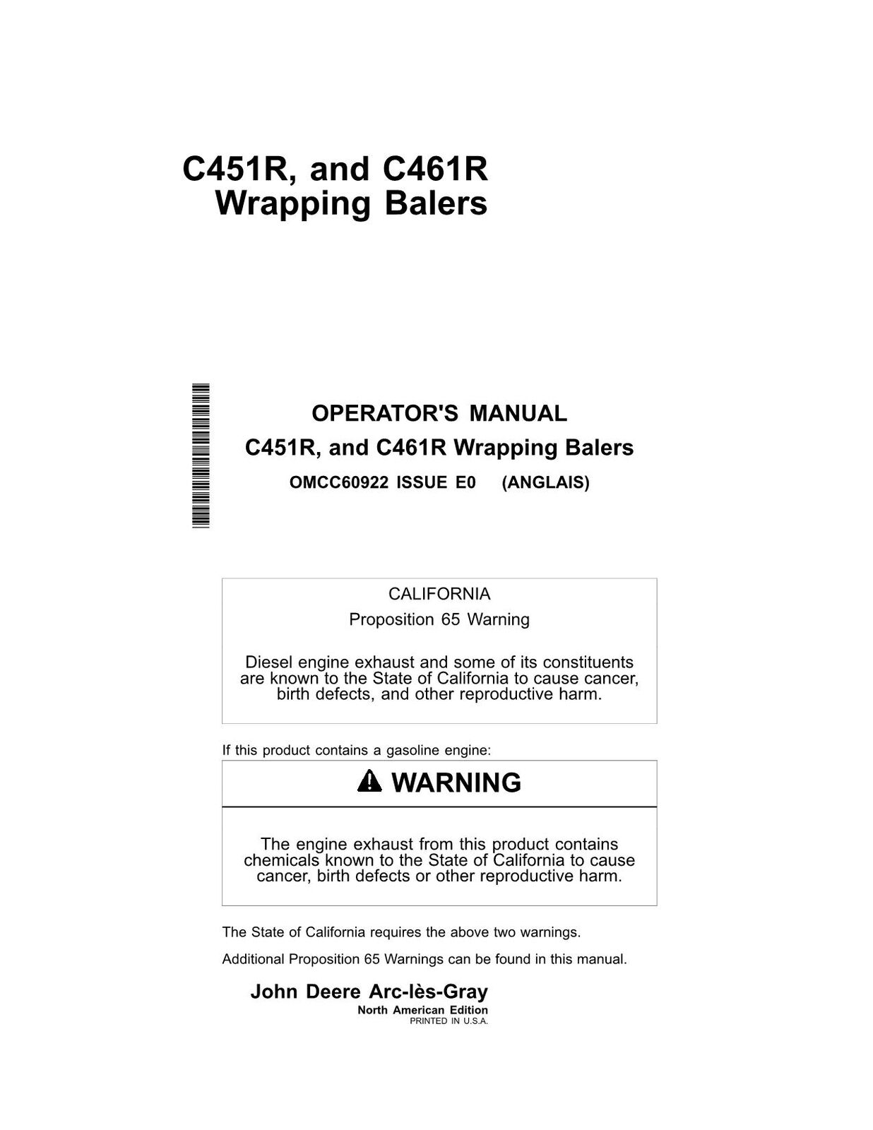 JOHN DEERE C451R  C461R BALER OPERATORS MANUAL