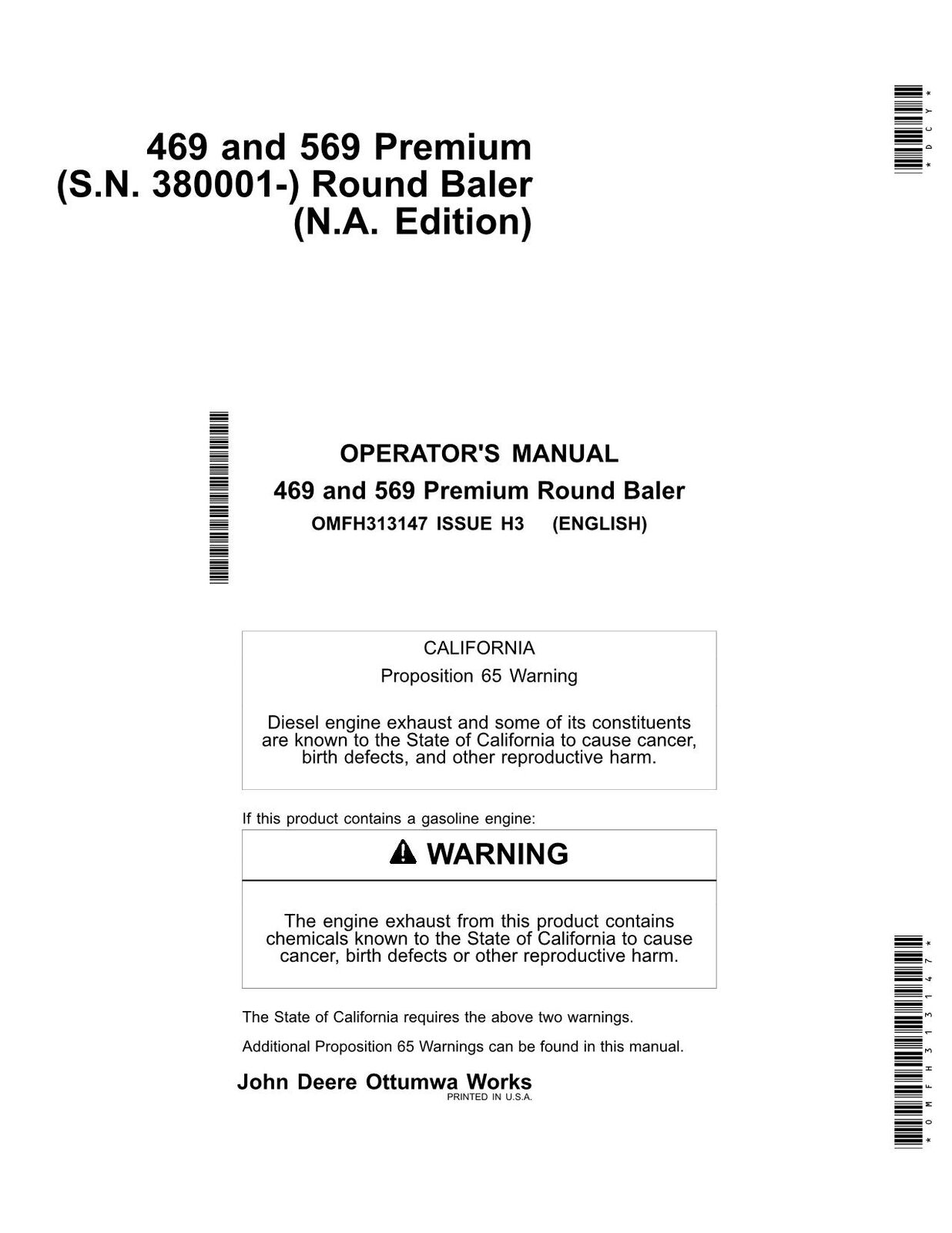 JOHN DEERE 569 PREMIUM 469 BALER OPERATORS MANUAL