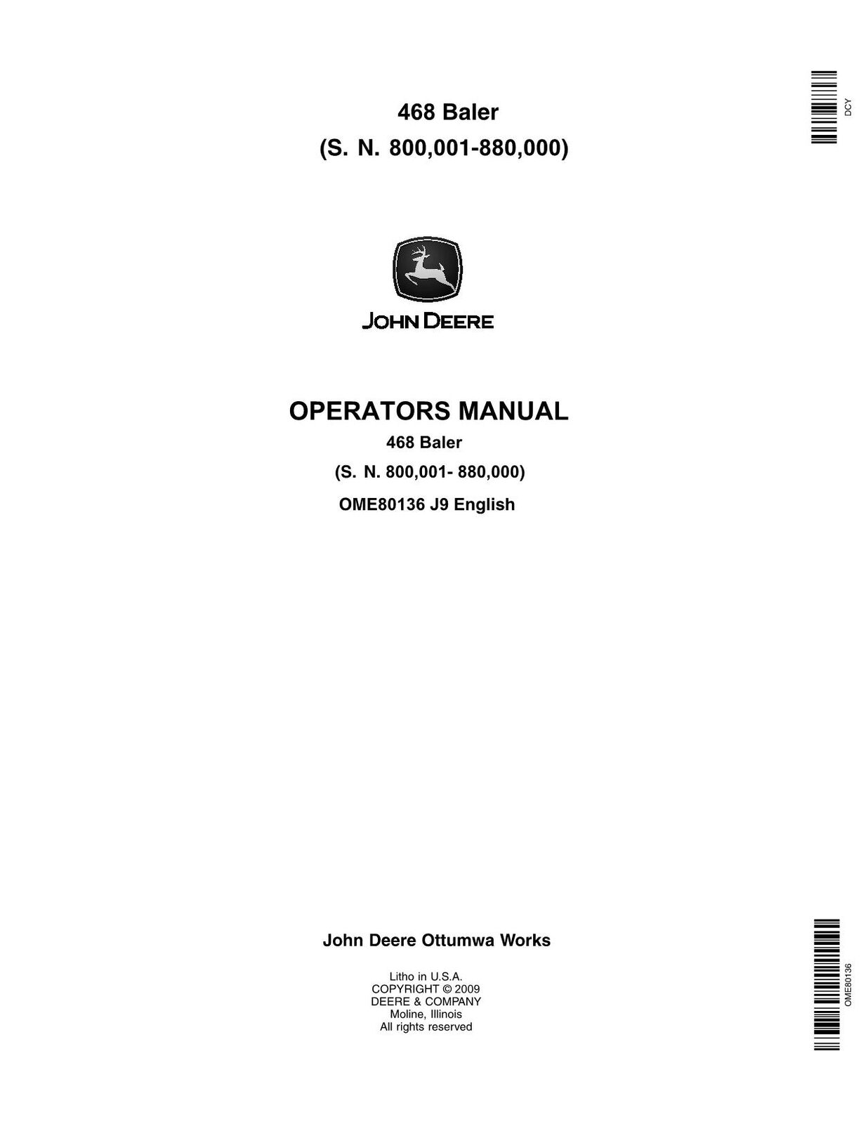 JOHN DEERE 468  BALER OPERATORS MANUAL #1