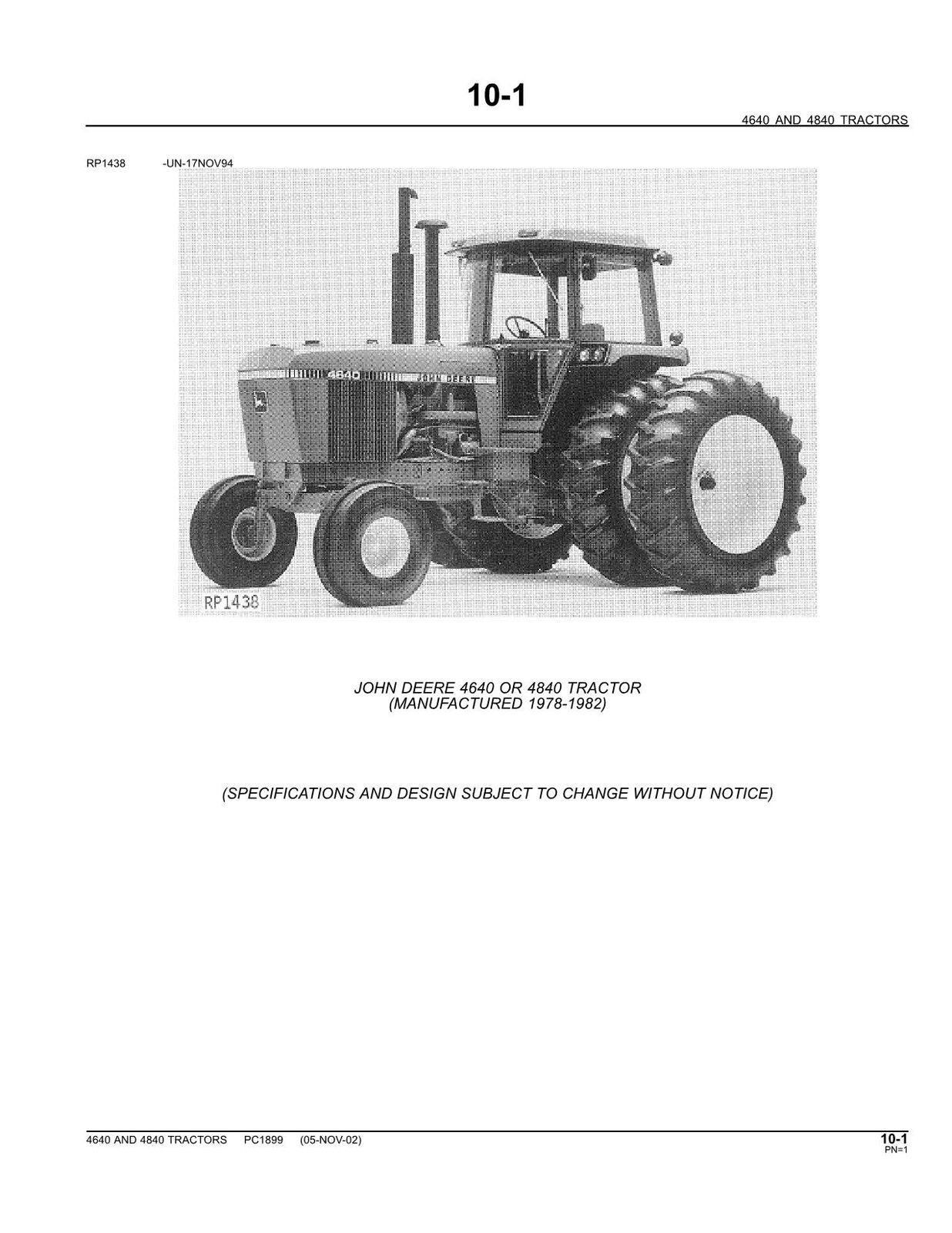 JOHN DEERE 4640 4840 TRAKTOR ERSATZTEILE KATALOGHANDBUCH 