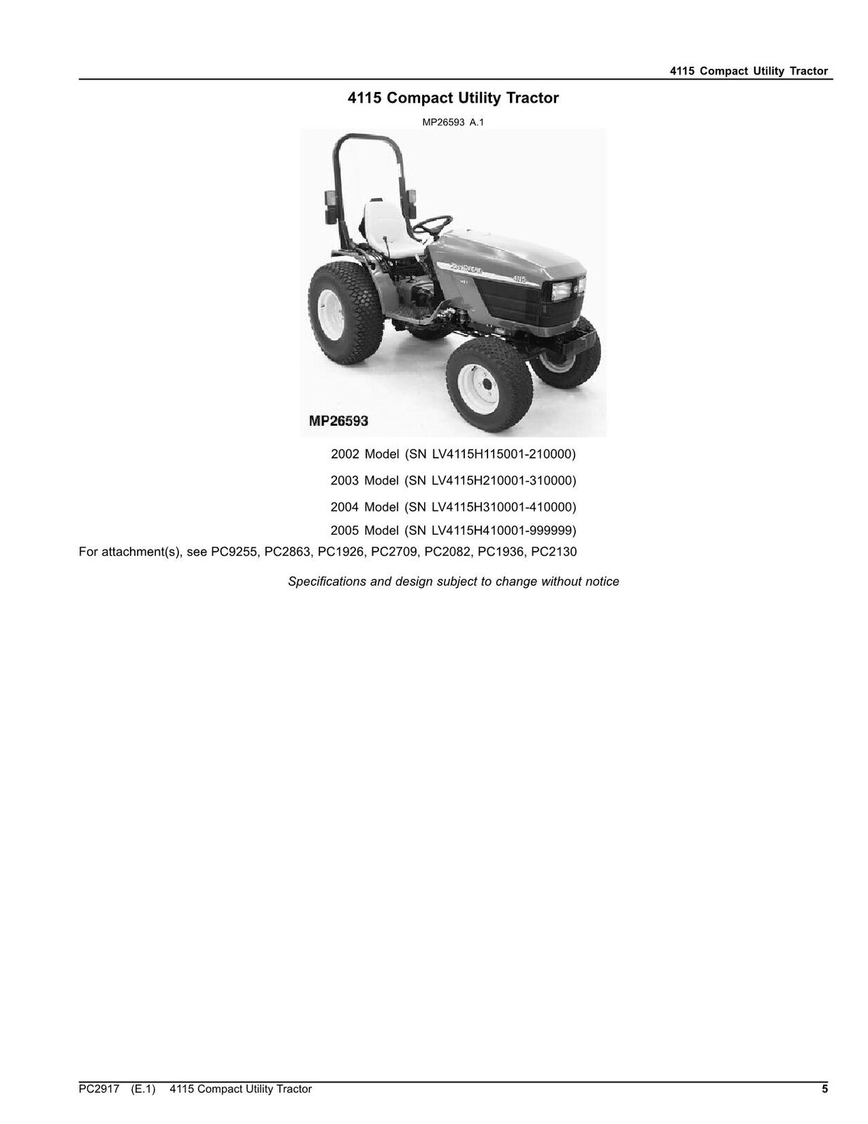 JOHN DEERE 4115 TRACTOR PARTS CATALOG MANUAL