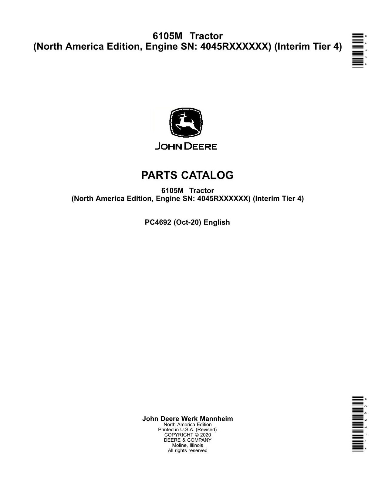 JOHN DEERE 6105M TRACTOR PARTS CATALOG MANUAL