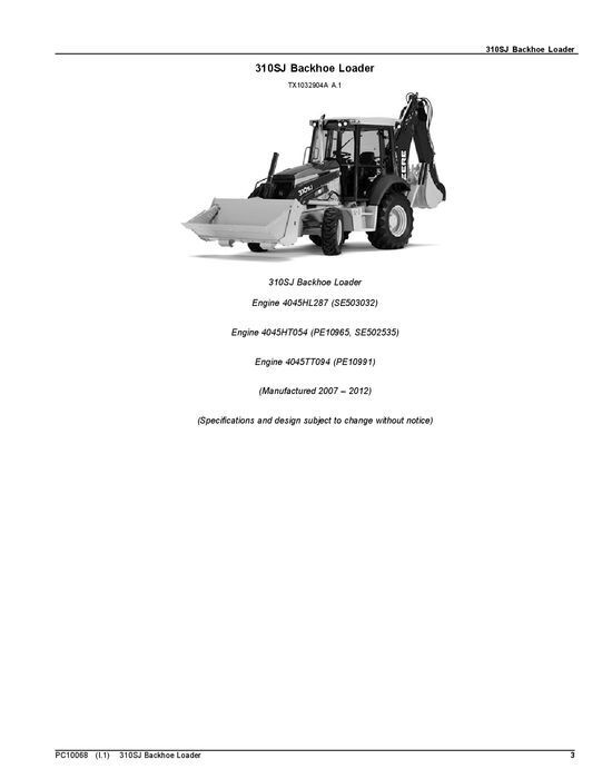 JOHN DEERE 310SJ BACKHOE LOADER PARTS CATALOG MANUAL