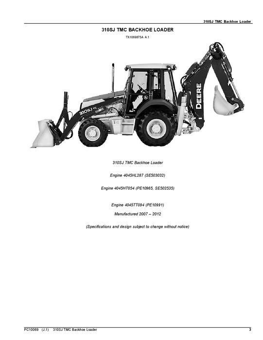 JOHN DEERE 310SJ TMC BACKHOE LOADER PARTS CATALOG MANUAL