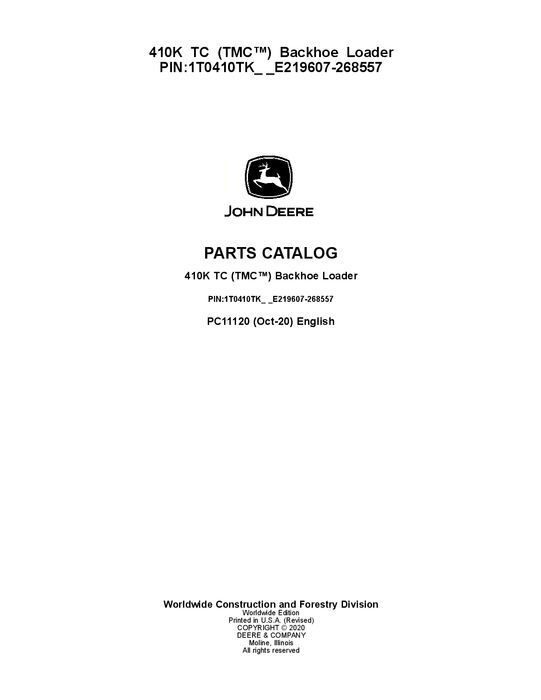 JOHN DEERE 410K TC TMC BACKHOE  PARTS CATALOG MANUAL