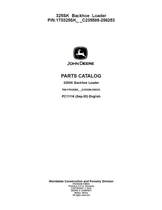 JOHN DEERE 325SK BACKHOE LOADER PARTS CATALOG MANUAL