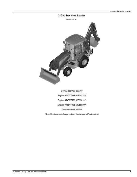 JOHN DEERE 310SL BAGGERLADER ERSATZTEILKATALOGHANDBUCH Nr. 1