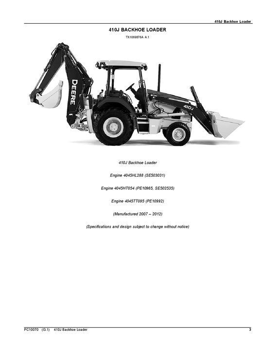 JOHN DEERE 410J BACKHOE LOADER PARTS CATALOG MANUAL