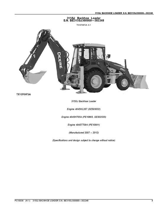 JOHN DEERE 315SJ BACKHOE LOADER PARTS CATALOG MANUAL PC10036