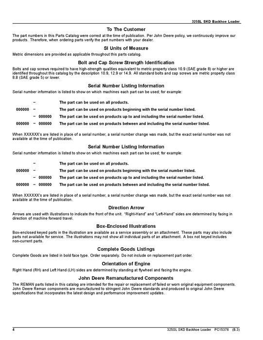 JOHN DEERE 325SL BACKHOE LOADER PARTS CATALOG MANUAL #3