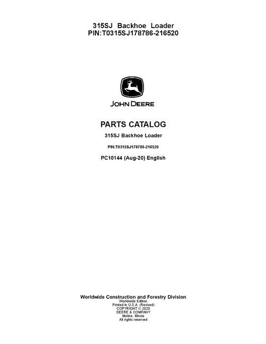 JOHN DEERE 315SJ BACKHOE LOADER PARTS CATALOG MANUAL