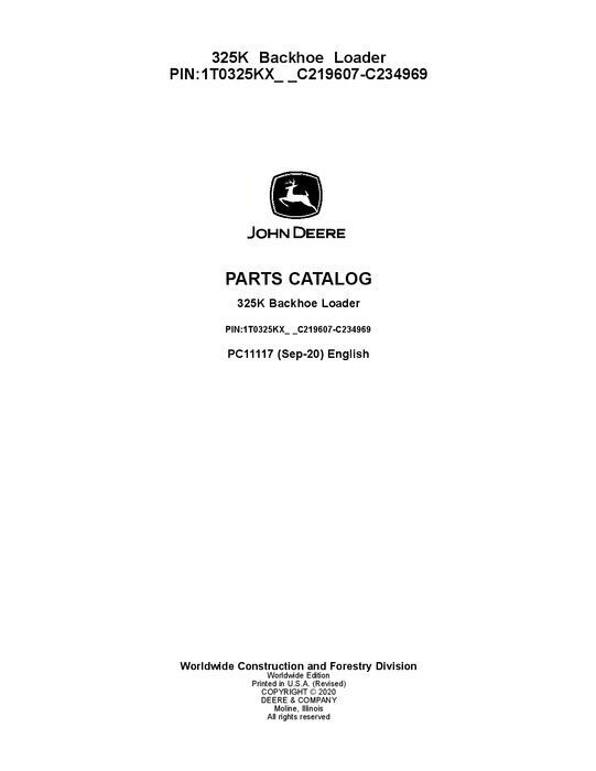 JOHN DEERE 325K BACKHOE LOADER PARTS CATALOG MANUAL