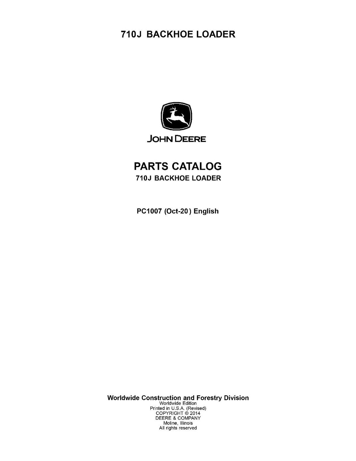 JOHN DEERE 710J BACKHOE LOADER PARTS CATALOG MANUAL