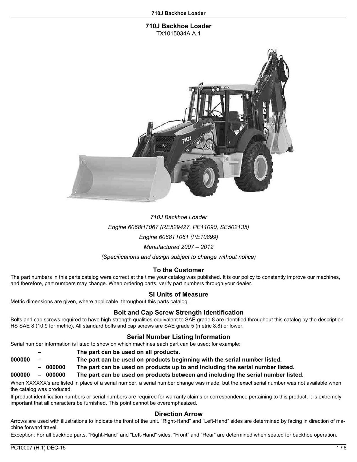 JOHN DEERE 710J BACKHOE LOADER PARTS CATALOG MANUAL