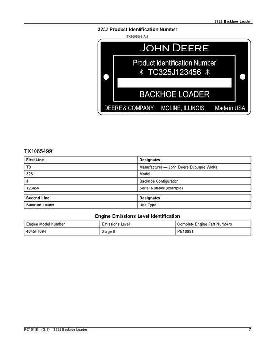 JOHN DEERE 325J BACKHOE LOADER PARTS CATALOG MANUAL