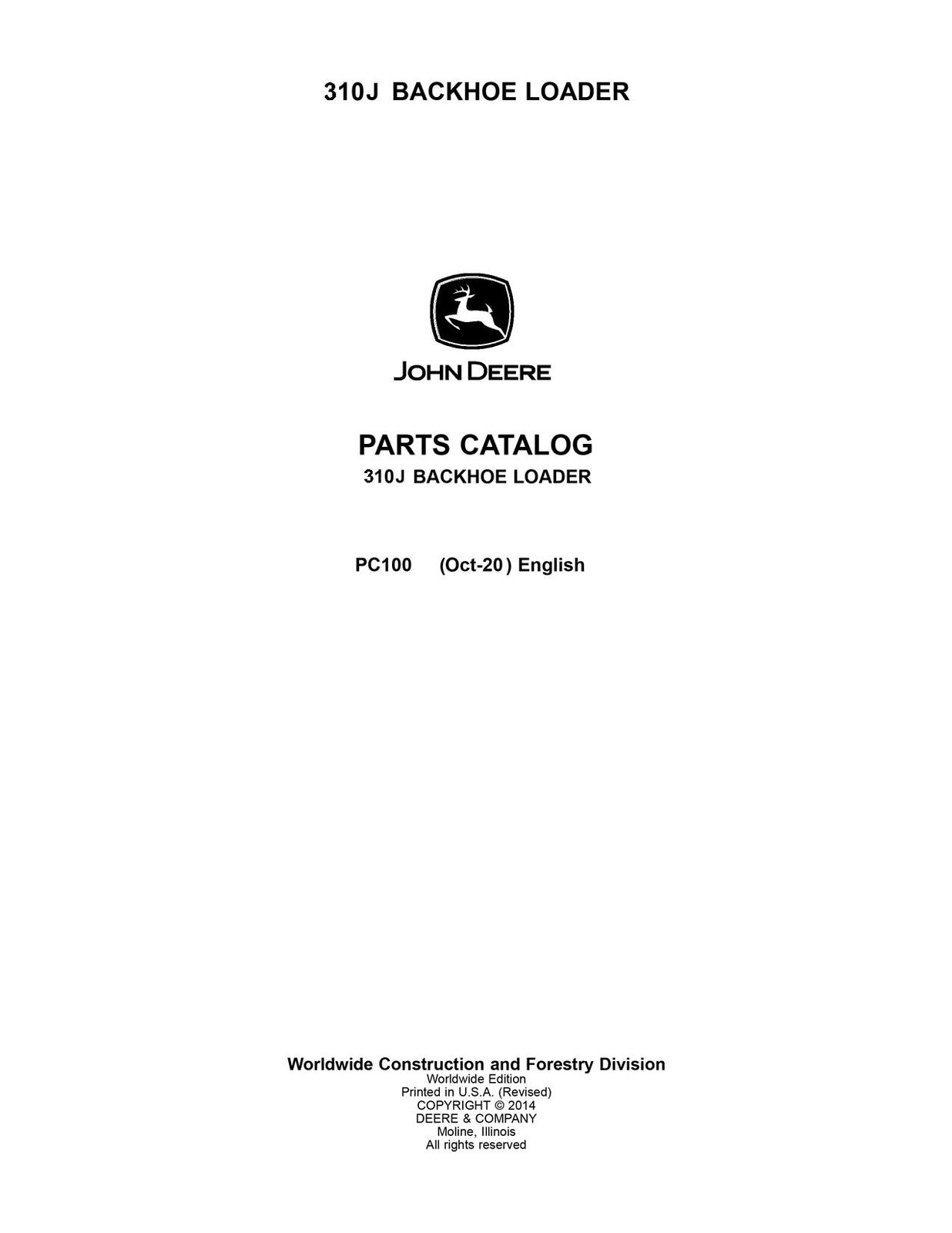 JOHN DEERE 310J  BACKHOE LOADER PARTS CATALOG MANUAL