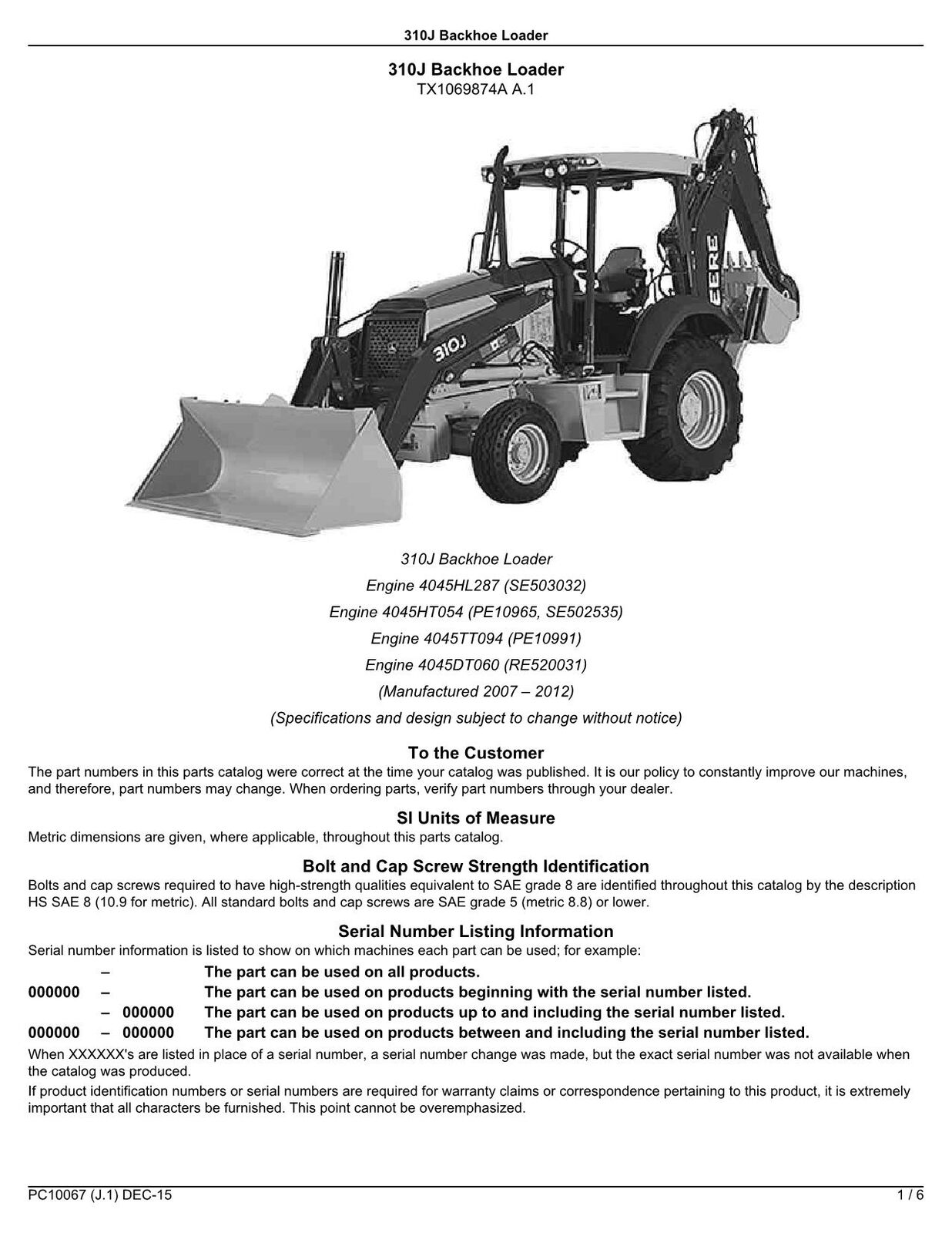 JOHN DEERE 310J  BACKHOE LOADER PARTS CATALOG MANUAL