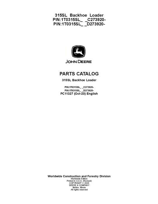 JOHN DEERE 315SL BACKHOE LOADER PARTS CATALOG MANUAL #5