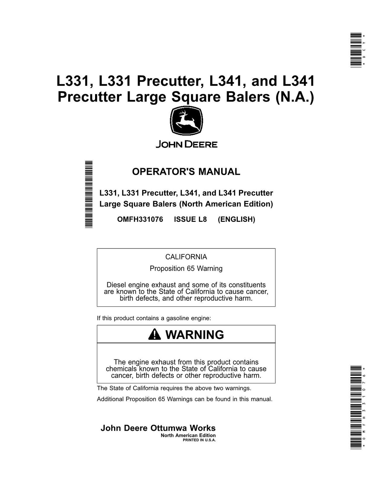 JOHN DEERE L331  L331  L341  L341 PRECUTTER BALER OPERATORS MANUAL