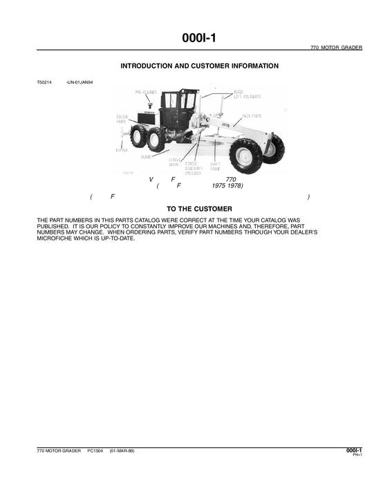 JOHN DEERE 770 MOTOR GRADER PARTS CATALOG MANUAL