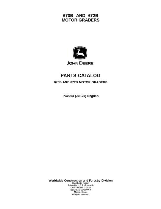 JOHN DEERE 670B 672B MOTOR GRADER PARTS CATALOG MANUAL