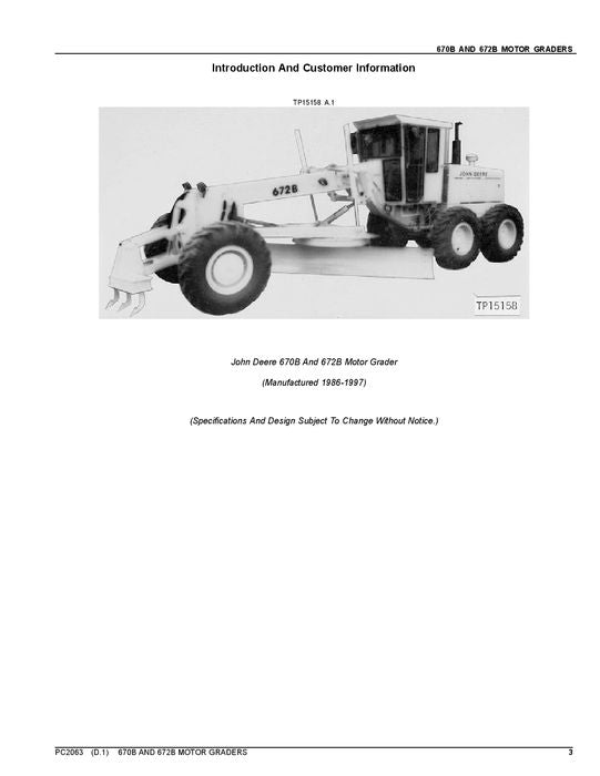 JOHN DEERE 670B 672B MOTOR GRADER PARTS CATALOG MANUAL