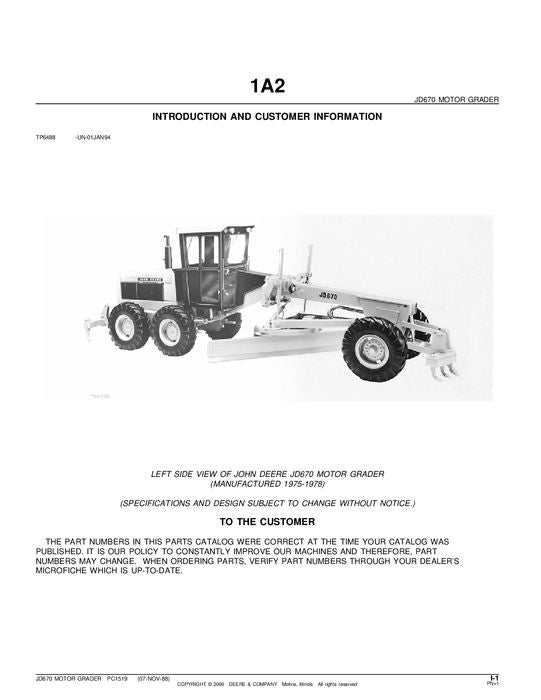 JOHN DEERE 670 MOTOR GRADER PARTS CATALOG MANUAL