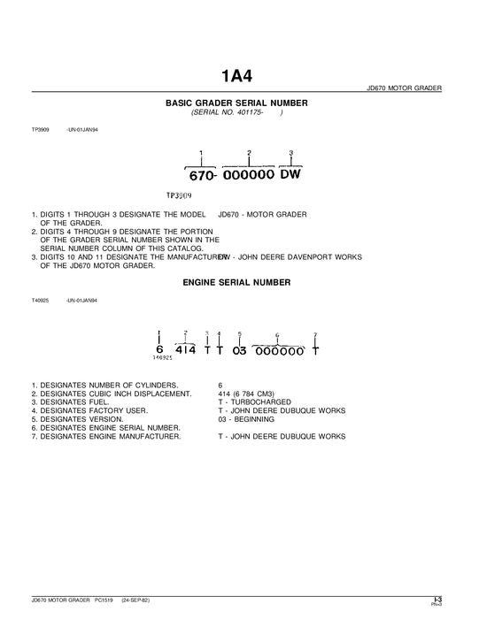 JOHN DEERE 670 MOTOR GRADER PARTS CATALOG MANUAL