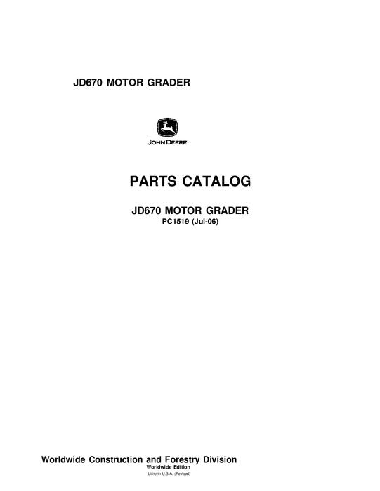 JOHN DEERE 670 MOTOR GRADER PARTS CATALOG MANUAL