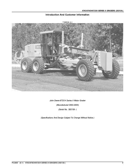 JOHN DEERE 670CII 670CHII 672CHII MOTOR GRADER PARTS CATALOG MANUAL