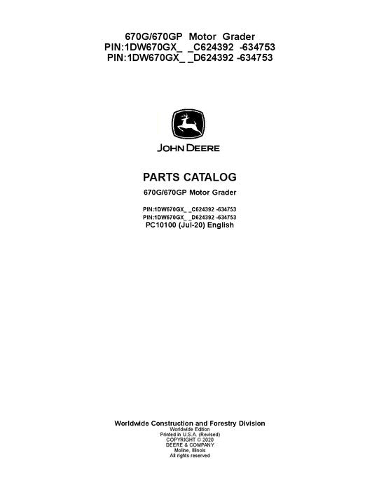 JOHN DEERE 670G 670GP MOTOR GRADER PARTS CATALOG MANUAL #1