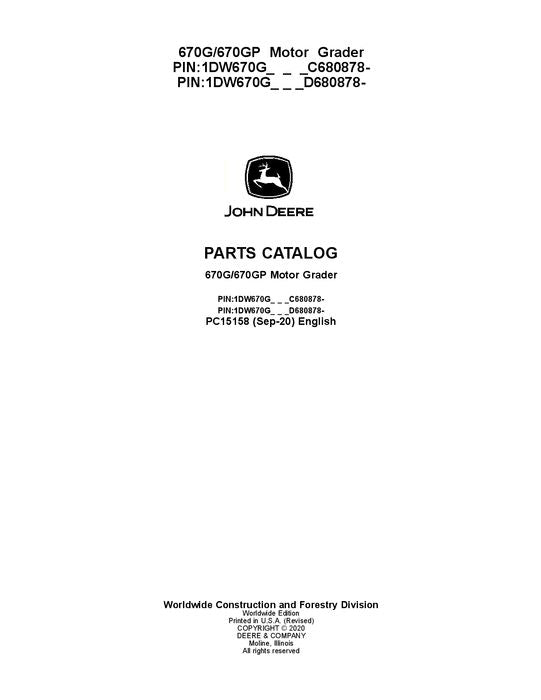 JOHN DEERE 670G 670GP MOTOR GRADER PARTS CATALOG MANUAL #2