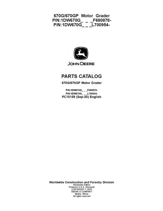 JOHN DEERE 670G 670GP MOTOR GRADER PARTS CATALOG MANUAL #3