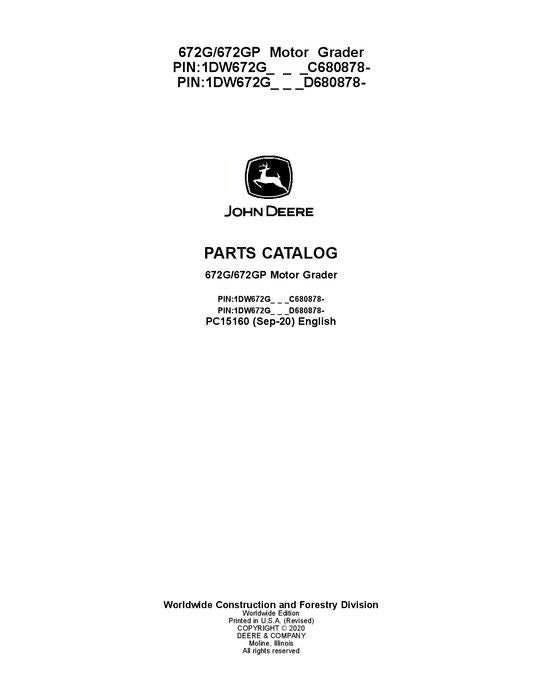 JOHN DEERE 672G 672GP MOTOR GRADER PARTS CATALOG MANUAL #1