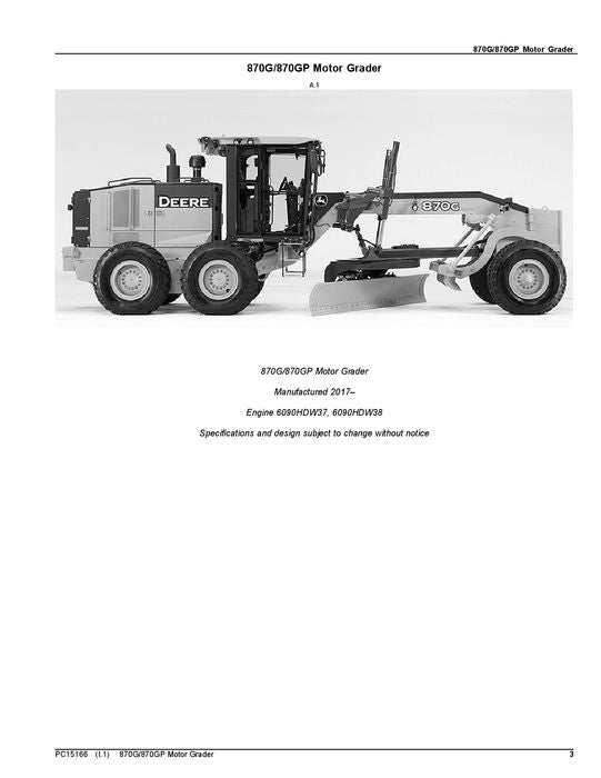 JOHN DEERE 870G 870GP MOTOR GRADER PARTS CATALOG MANUAL #1