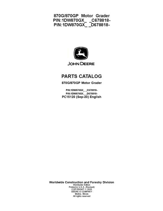 JOHN DEERE 870G 870GP MOTOR GRADER PARTS CATALOG MANUAL #2