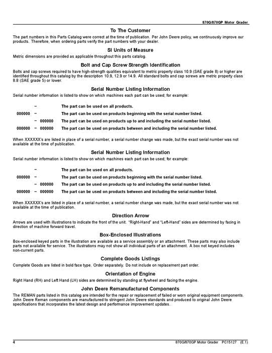 JOHN DEERE 870G 870GP MOTOR GRADER PARTS CATALOG MANUAL #3