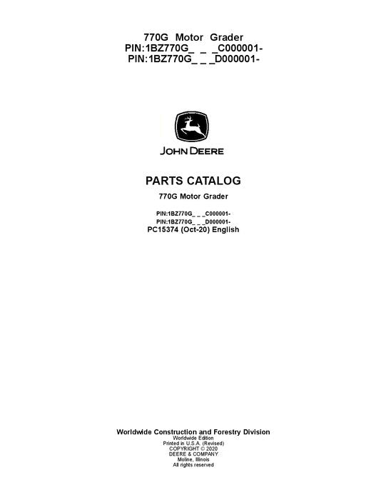 JOHN DEERE 770G MOTOR GRADER PARTS CATALOG MANUAL