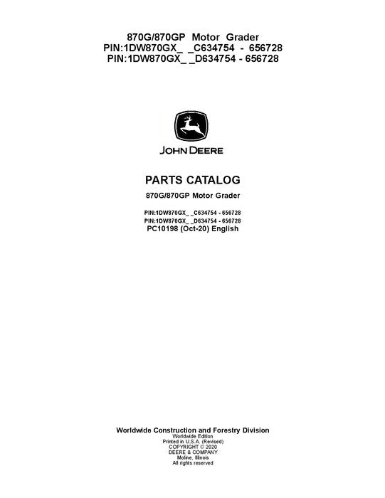 JOHN DEERE 870G 870GP MOTOR GRADER PARTS CATALOG MANUAL #5