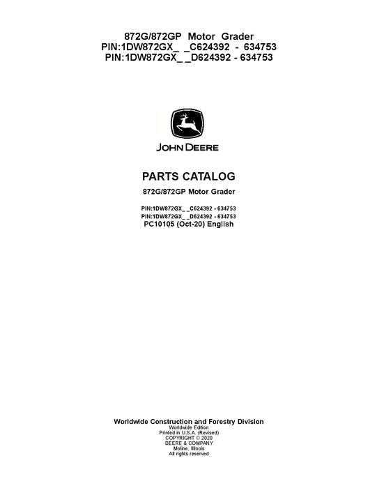 JOHN DEERE 872G 872GP MOTOR GRADER PARTS CATALOG MANUAL #7