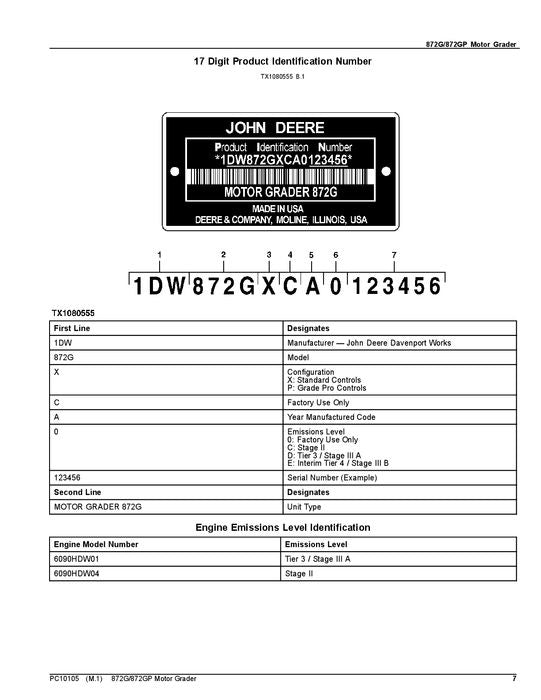 JOHN DEERE 872G 872GP MOTOR GRADER PARTS CATALOG MANUAL #7