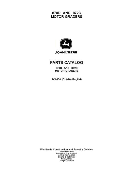 JOHN DEERE 870D 872D MOTOR GRADER PARTS CATALOG MANUAL