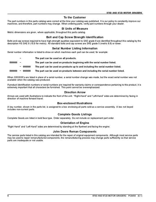 JOHN DEERE 870D 872D MOTORGRADER ERSATZTEILKATALOGHANDBUCH