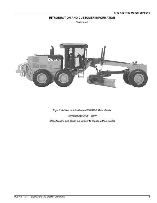 JOHN DEERE 870D 872D MOTORGRADER ERSATZTEILKATALOGHANDBUCH